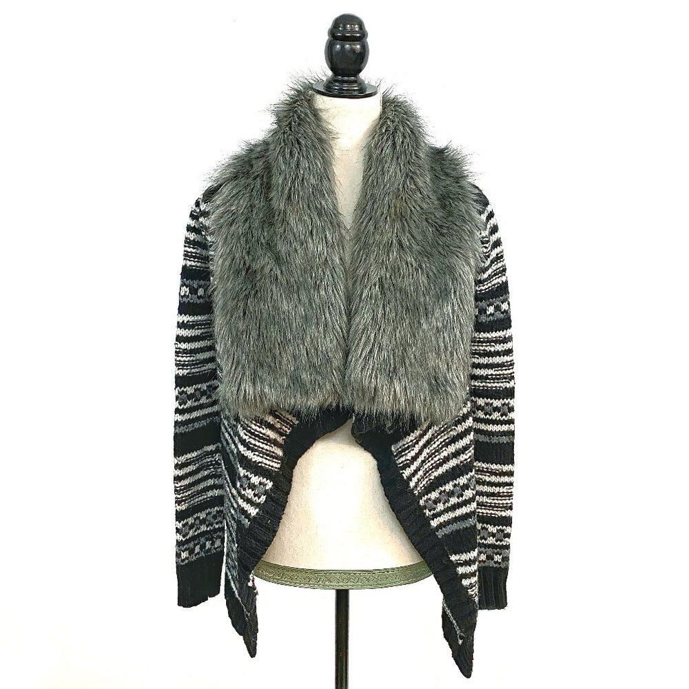 Express (Removable) Faux Fur Collar Sweater Coat - Geometric Stripe - S